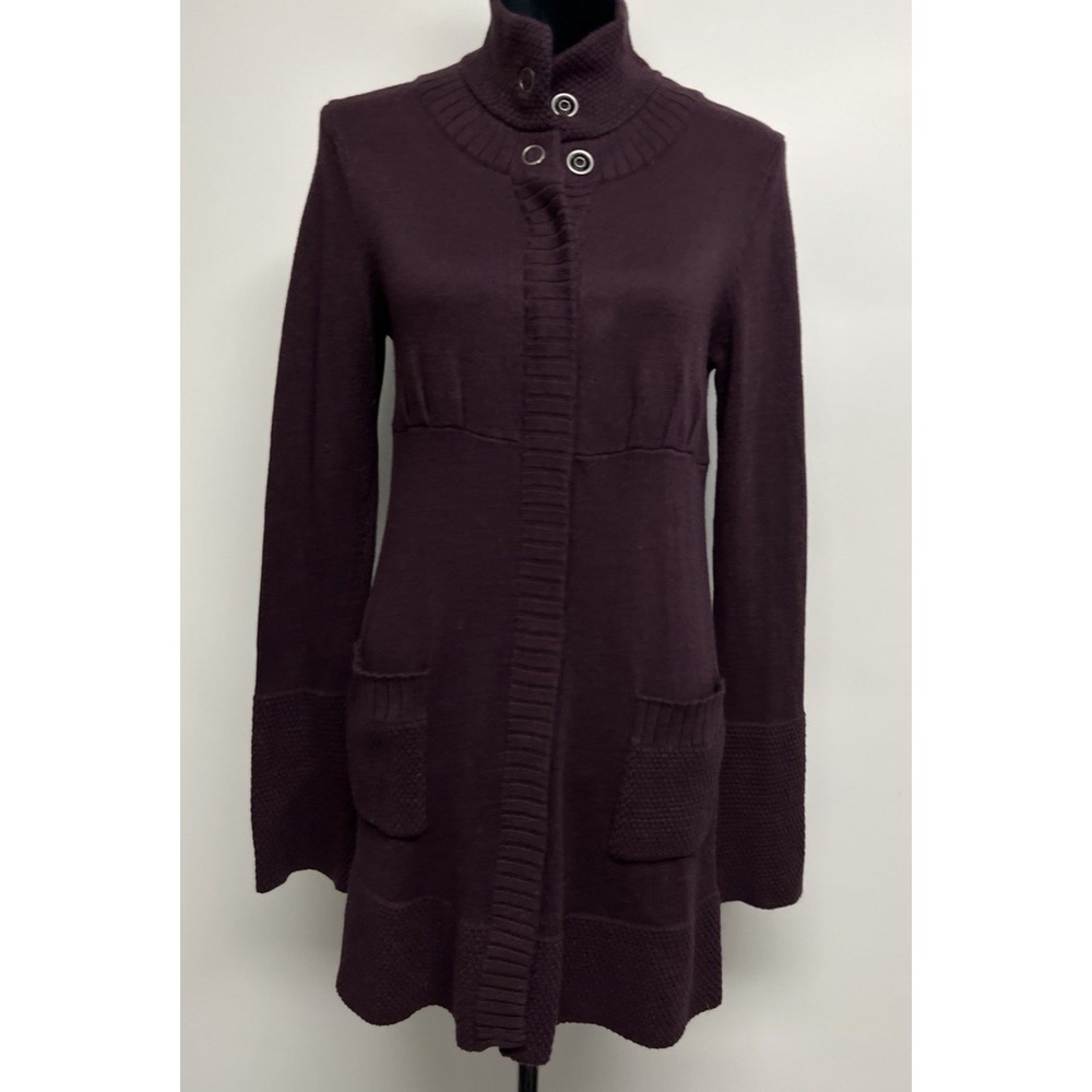 Athleta Knit Sweater Cardigan Long Angora Blend‎ Small Dark Purple Preppy Cozy